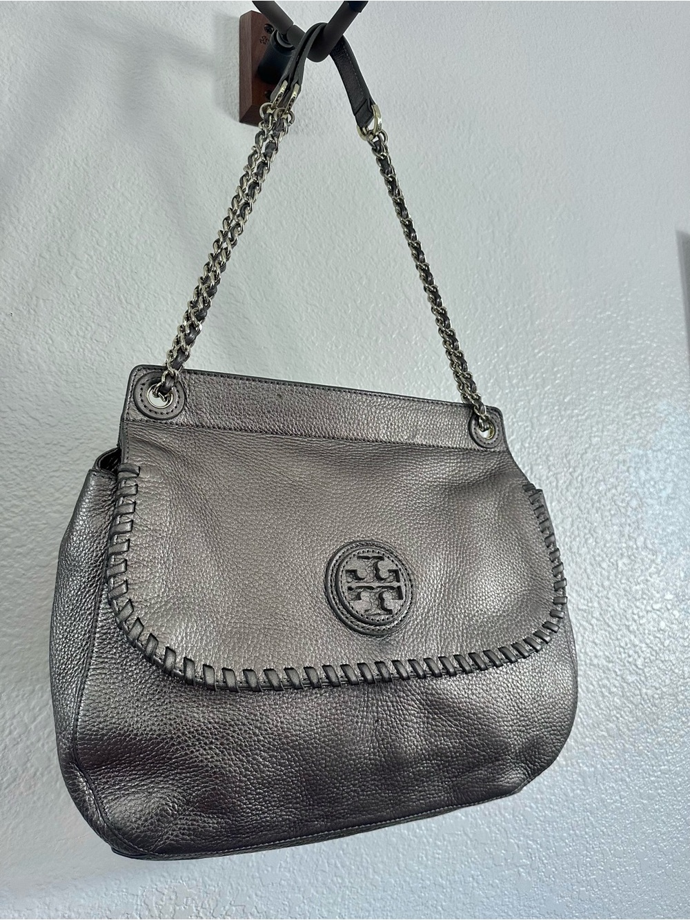 Tory Burch CONVERTIBLE Metallic Marion Leather Flap Chain Shoulder/Crossbody Bag